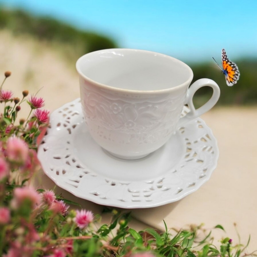Vintage Bohemian White Porcelain 12 Coffee Tea Cups Lace Saucers Embossed Set 6